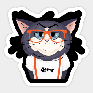 A thinking hipster cat wearing a fishbone picture Sticker